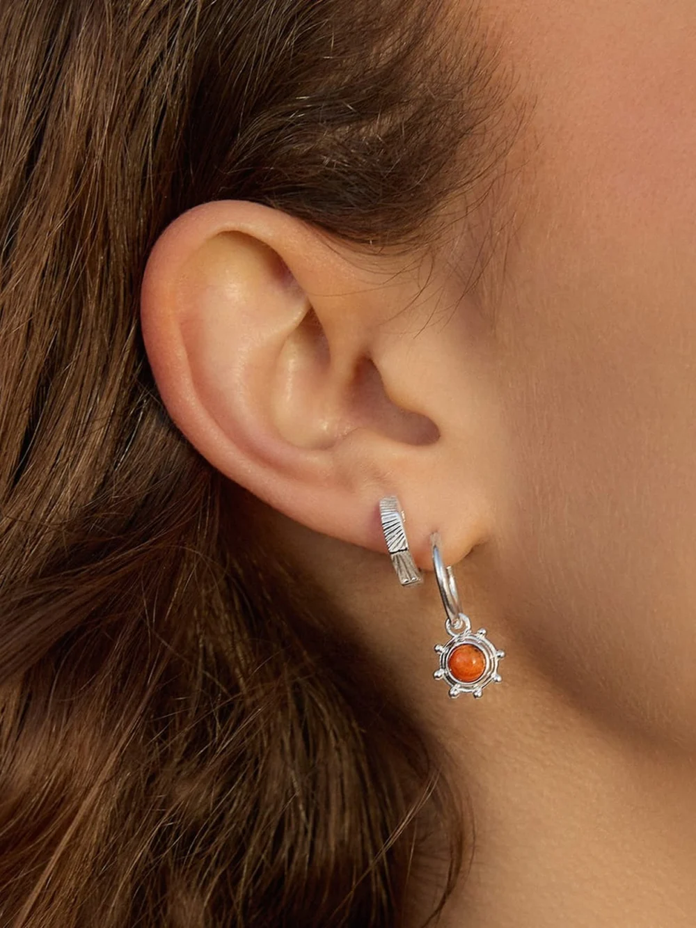 Daisy London Red Coral Healing Stone Charm Earrings Sterling Silver, view 2