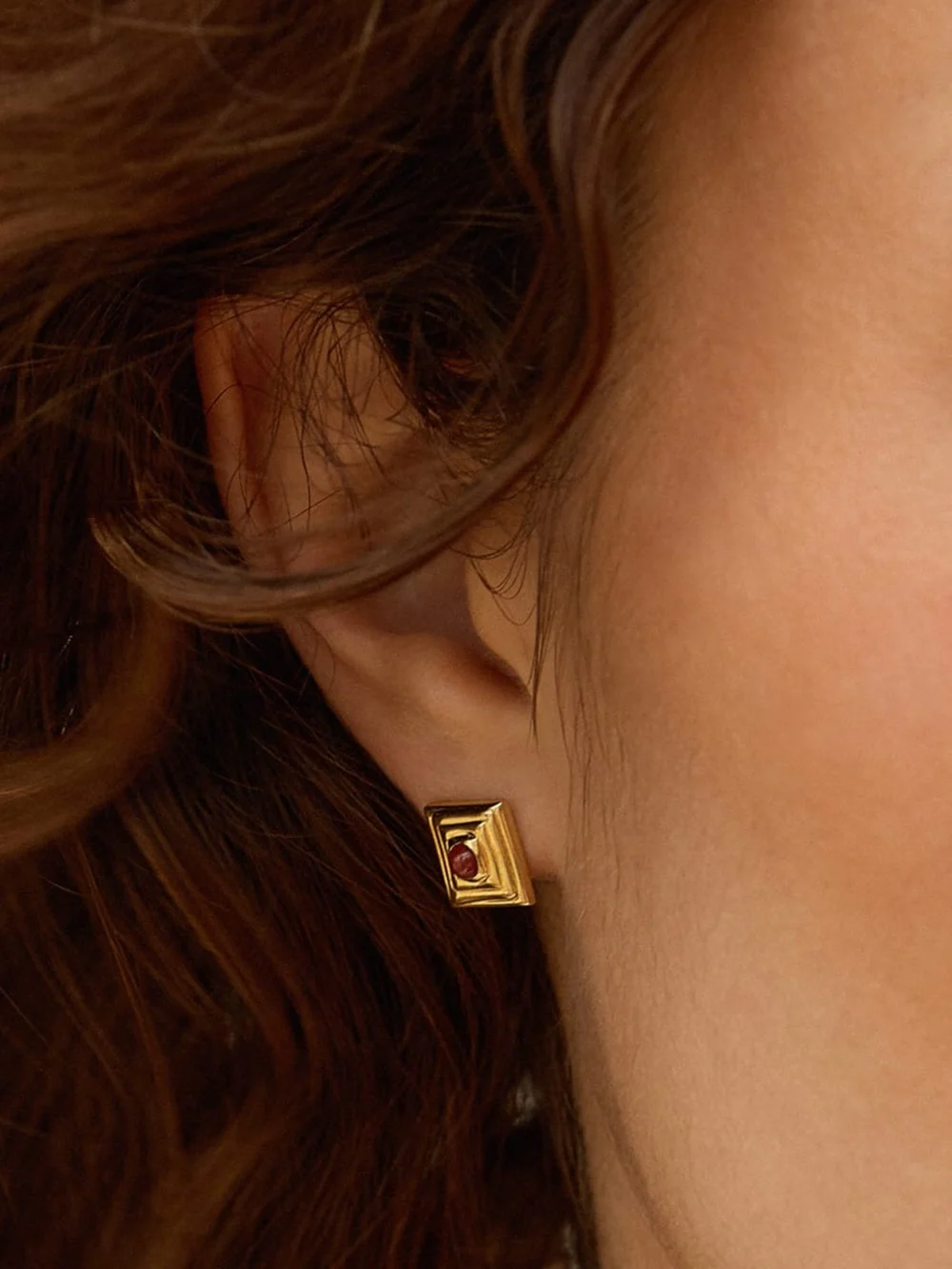 Daisy London Red Jasper Mini Square Stud Earrings 18ct Gold Plate, view 2