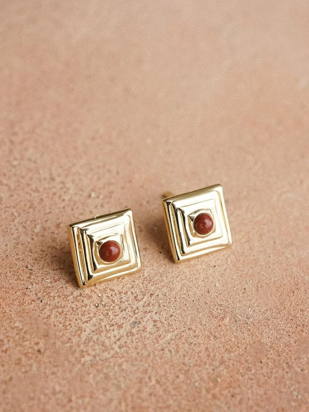 Daisy London Red Jasper Mini Square Stud Earrings 18ct Gold Plate, view 3