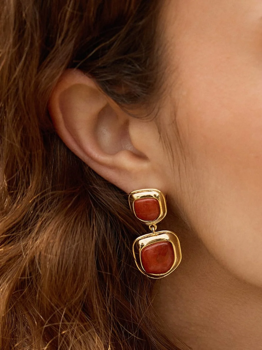 Daisy London Red Jasper Organic Double Drop Earrings 18ct Gold Plate, view 2