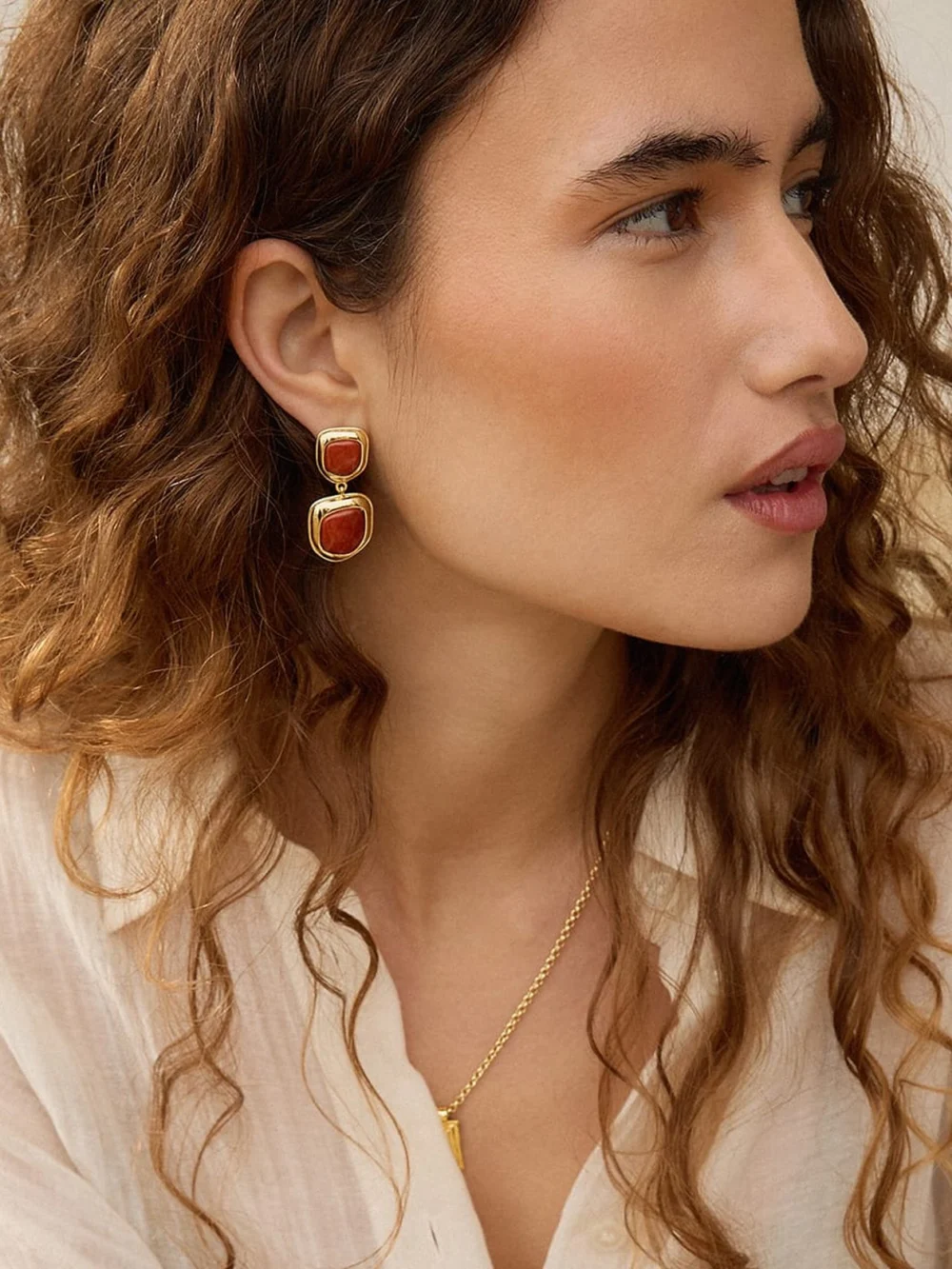 Daisy London Red Jasper Organic Double Drop Earrings 18ct Gold Plate, view 4