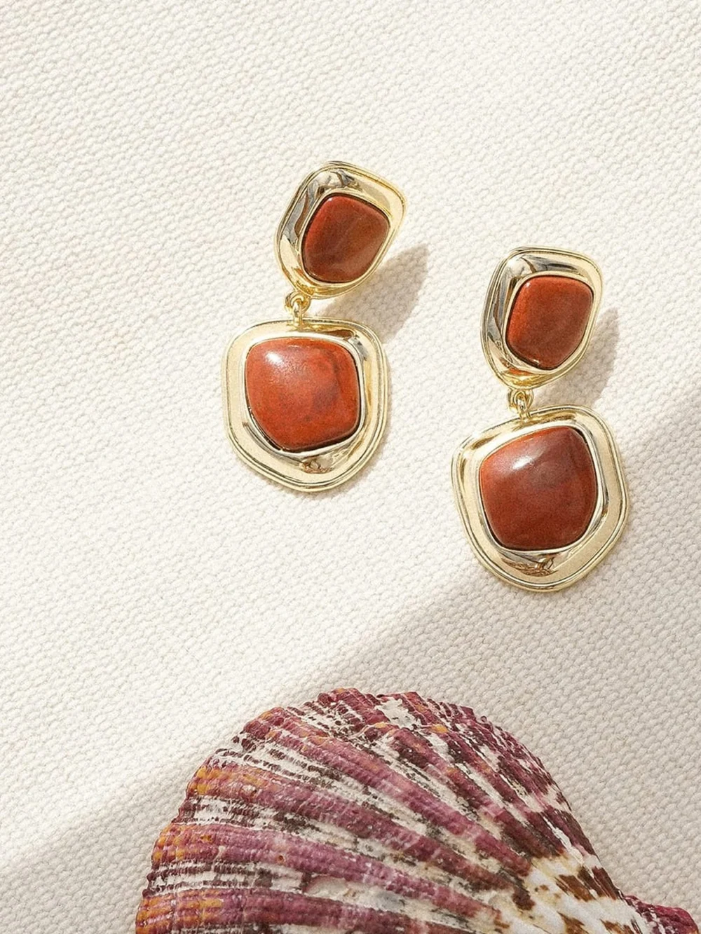 Daisy London Red Jasper Organic Double Drop Earrings 18ct Gold Plate, view 5