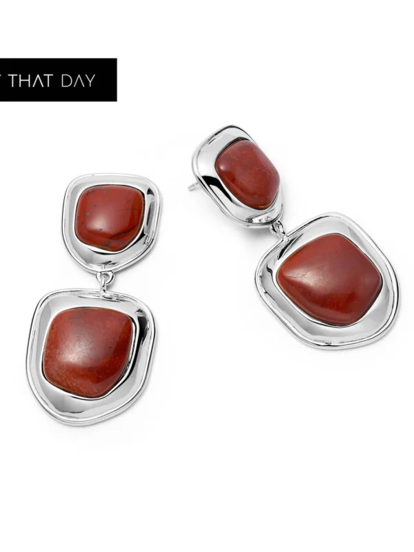 Daisy London Red Jasper Organic Double Drop Earrings Silver Plate