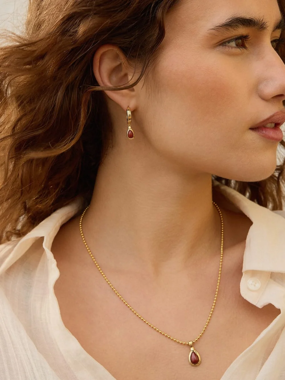Daisy London Red Jasper Pear Necklace 18ct Gold Plate, view 4
