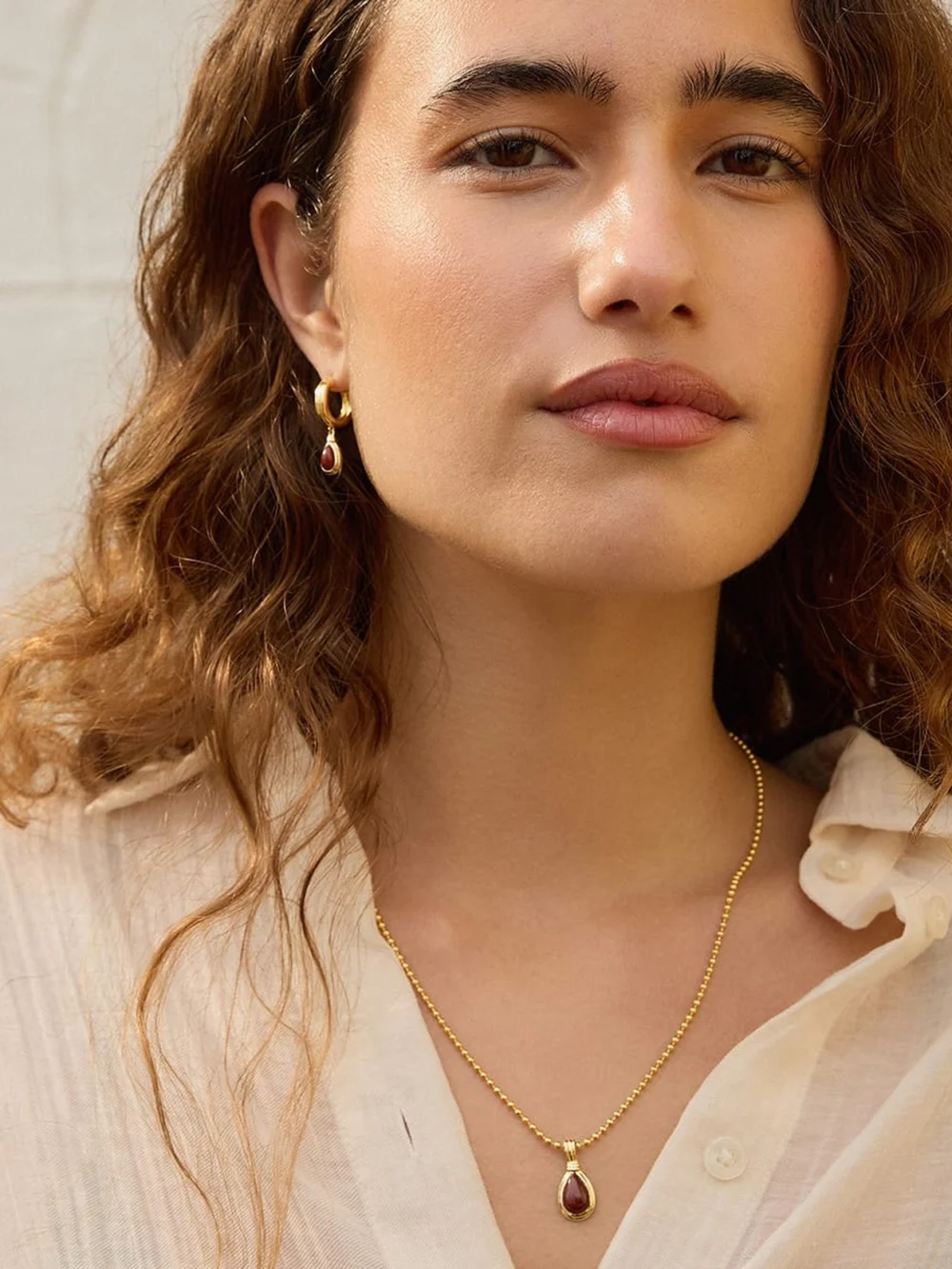 Daisy London Red Jasper Pear Necklace 18ct Gold Plate, view 6