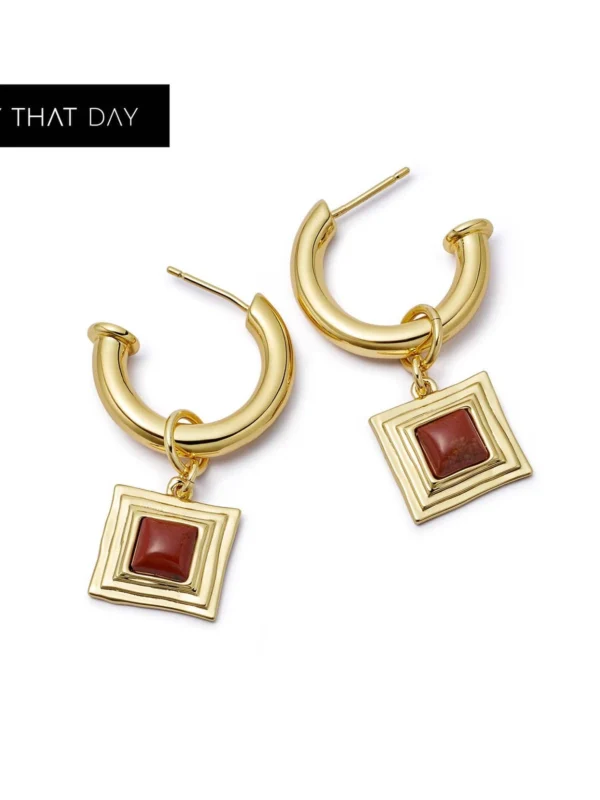 Daisy London Red Jasper Square Chubby Hoop Earrings 18ct Gold Plate