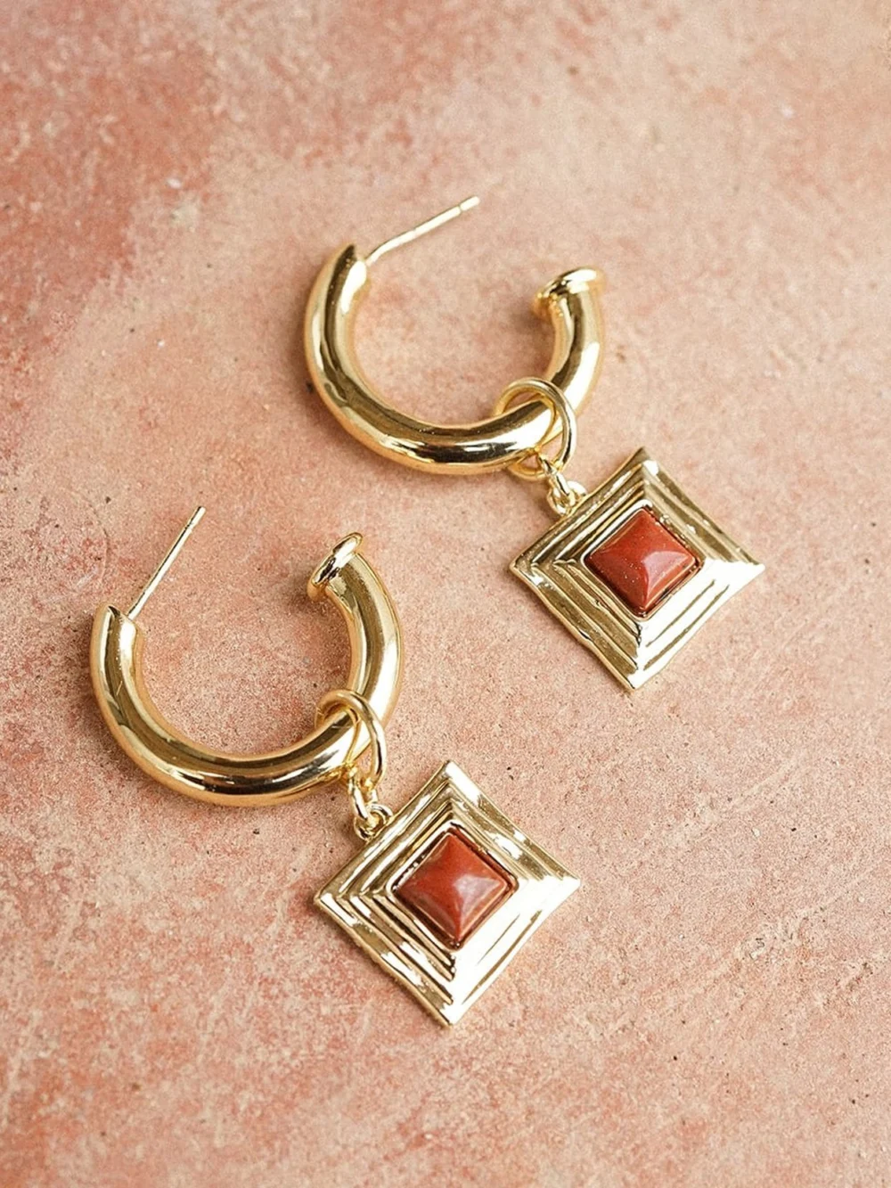 Daisy London Red Jasper Square Chubby Hoop Earrings 18ct Gold Plate, view 3