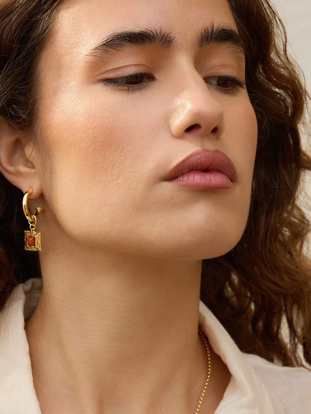 Daisy London Red Jasper Square Chubby Hoop Earrings 18ct Gold Plate, view 4