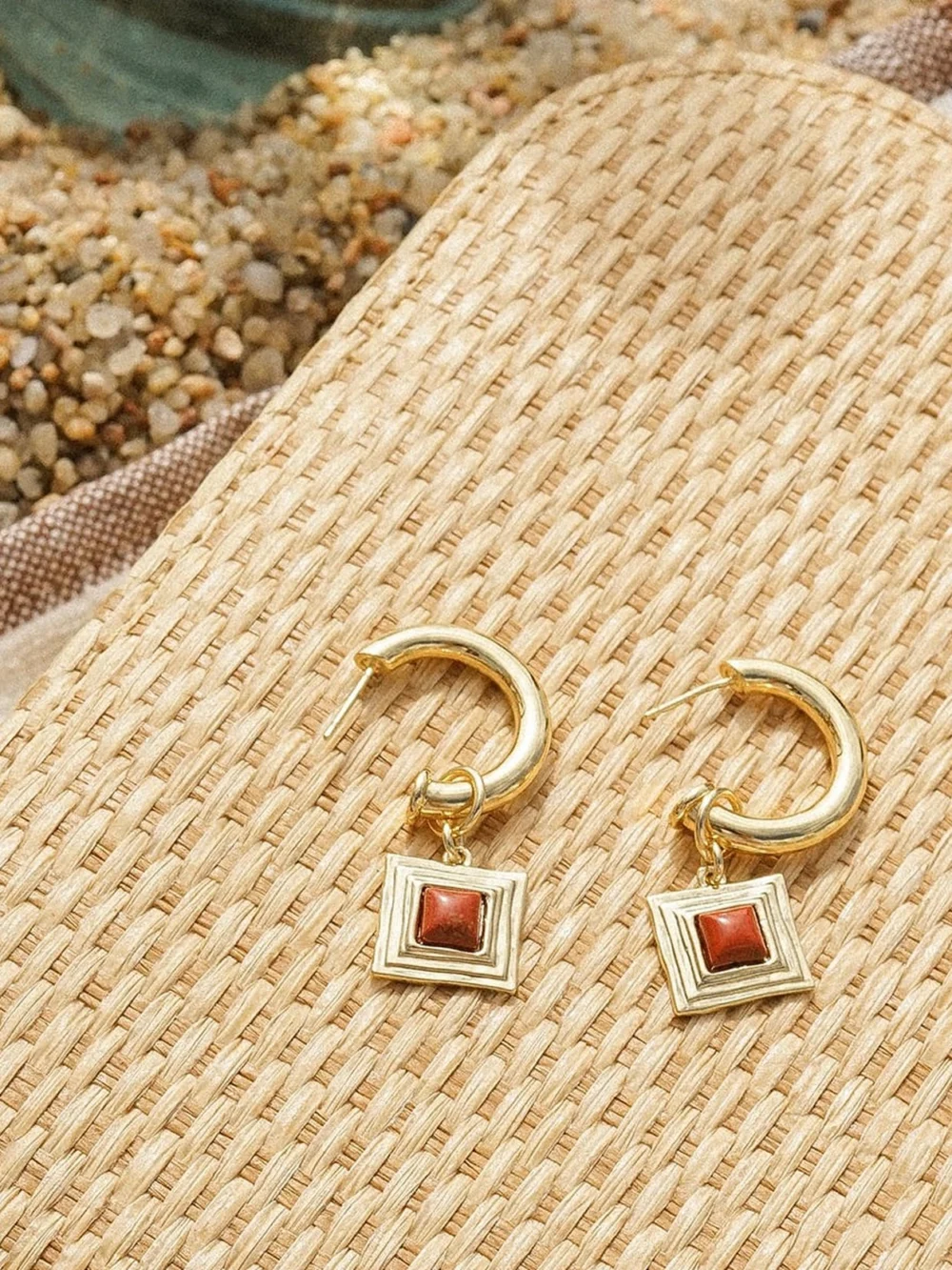 Daisy London Red Jasper Square Chubby Hoop Earrings 18ct Gold Plate, view 5