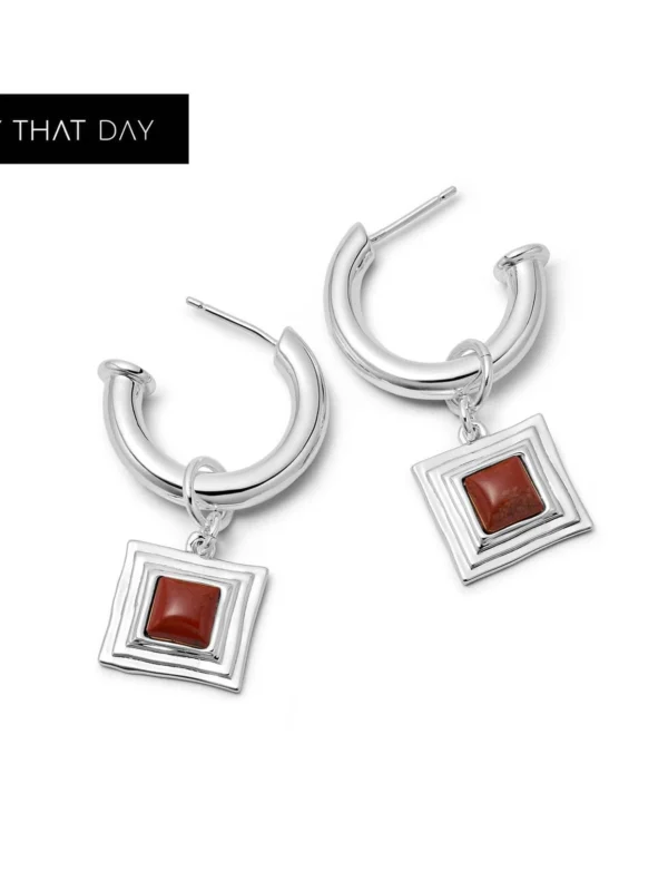 Daisy London Red Jasper Square Chubby Hoop Earrings Silver Plate