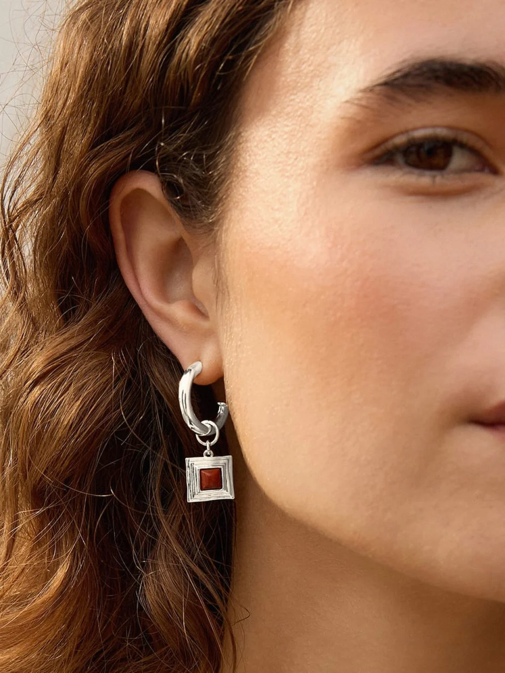 Daisy London Red Jasper Square Chubby Hoop Earrings Silver Plate, view 2