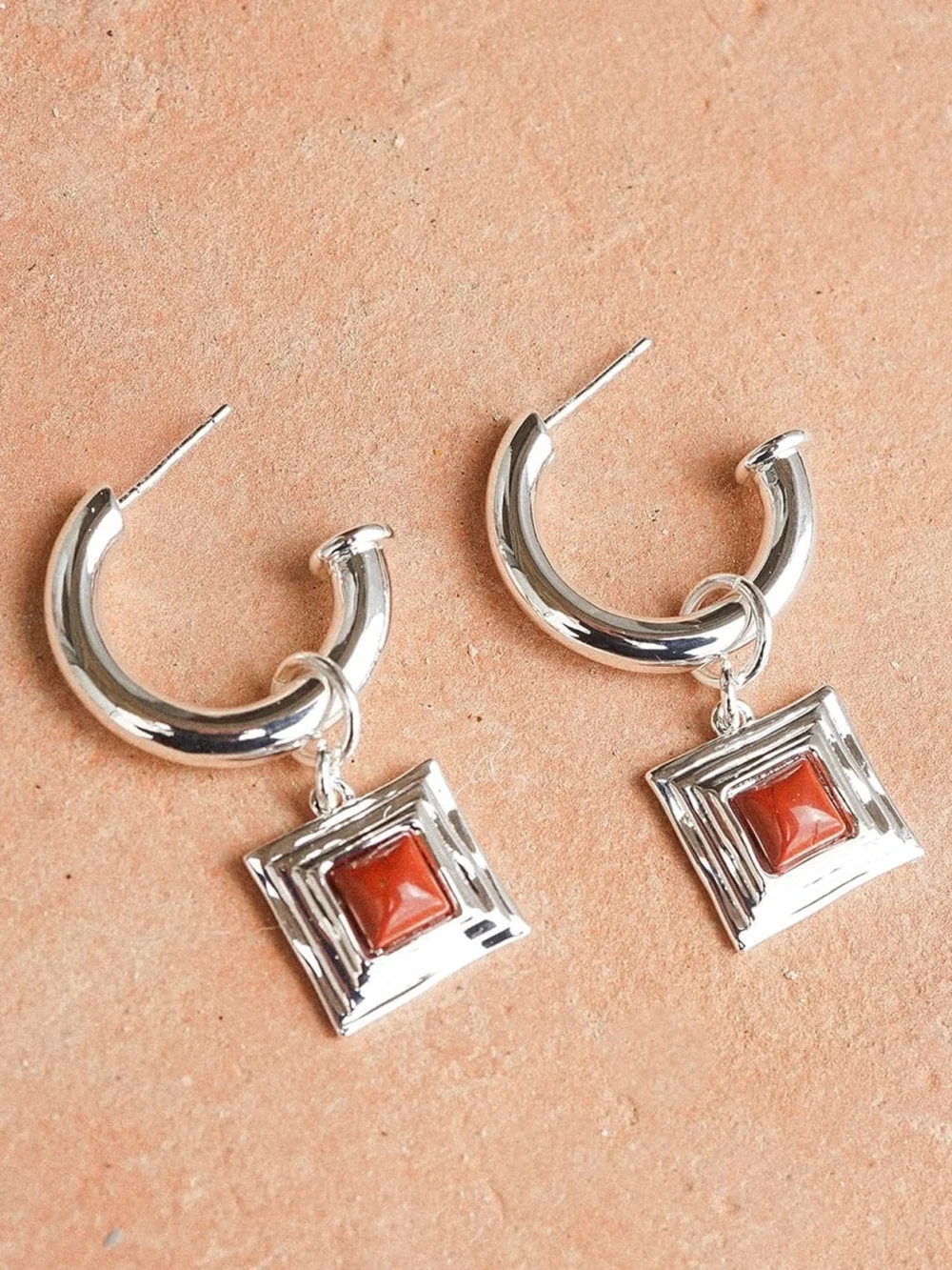 Daisy London Red Jasper Square Chubby Hoop Earrings Silver Plate, view 3