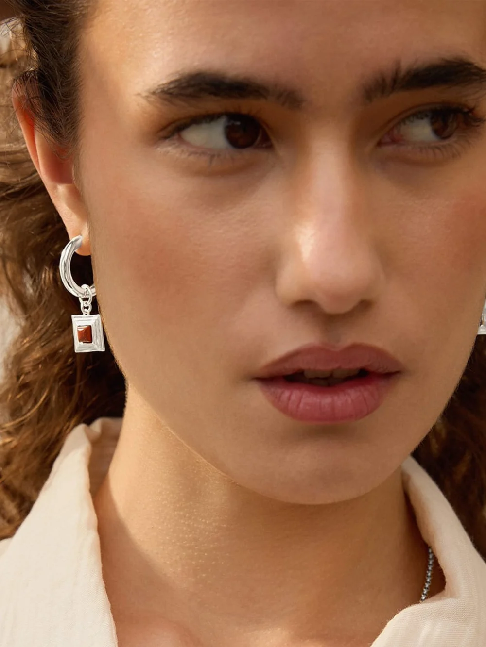 Daisy London Red Jasper Square Chubby Hoop Earrings Silver Plate, view 4