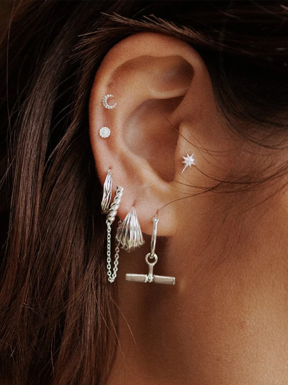 Daisy London Ridged Huggie Earrings Sterling Silver, view 2
