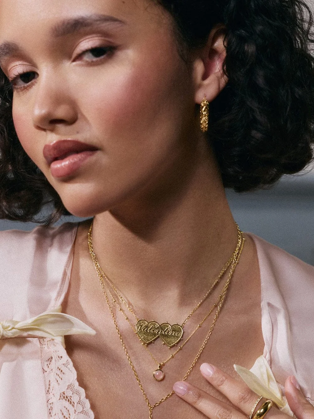 Daisy London Rose Quartz Healing Stone Necklace 18ct Gold Plate, view 4