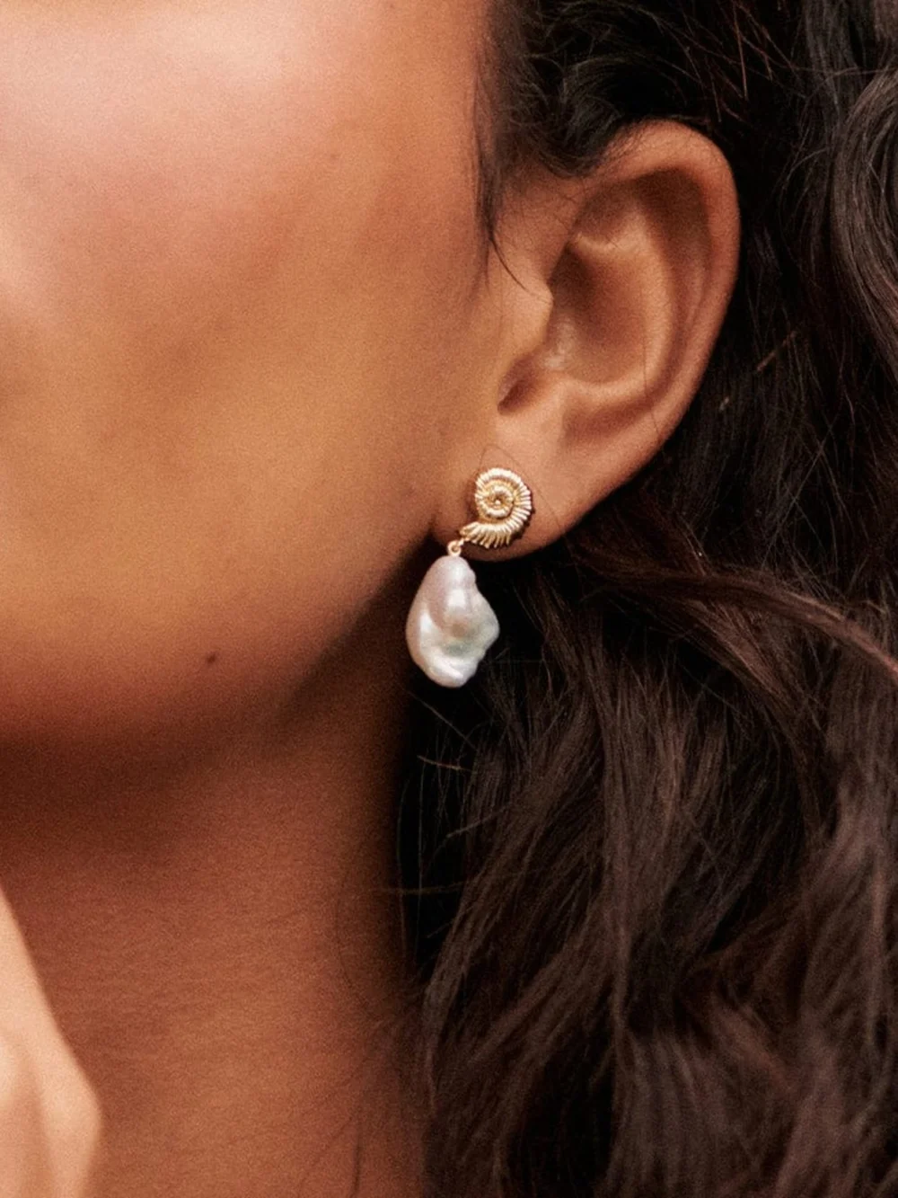 Daisy London Shell Baroque Pearl Drop Earrings 18ct Gold Plate, view 2