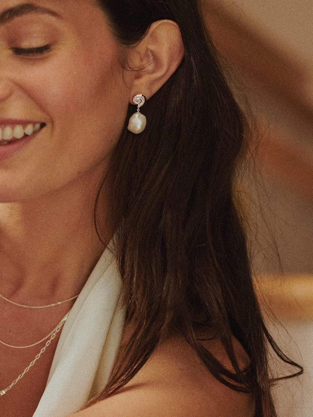 Daisy London Shell Baroque Pearl Drop Earrings Sterling Silver, view 6