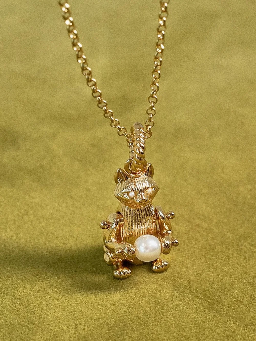 Daisy London Shrimps Cat Pearl Charm Necklace 18ct Gold Plate, view 2
