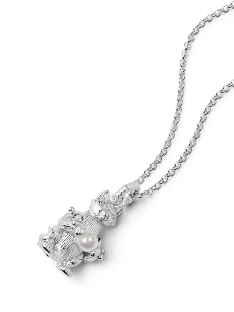 Daisy London Shrimps Cat Pearl Charm Necklace Silver Plate