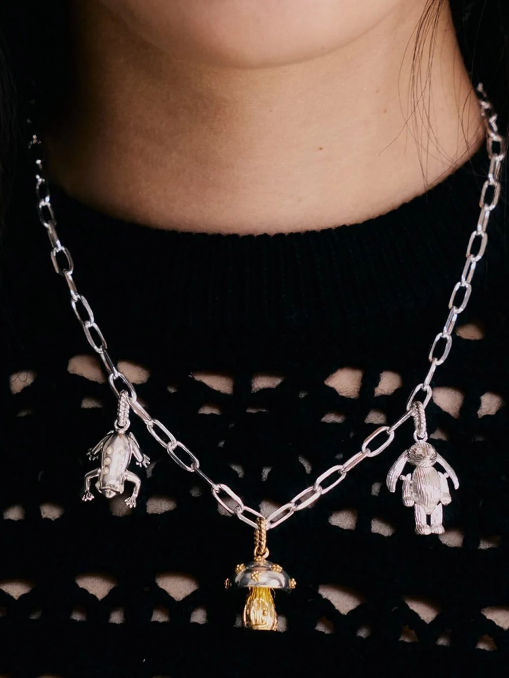Daisy London Shrimps Chunky Charm Necklace Layering Set Silver Plate, view 2