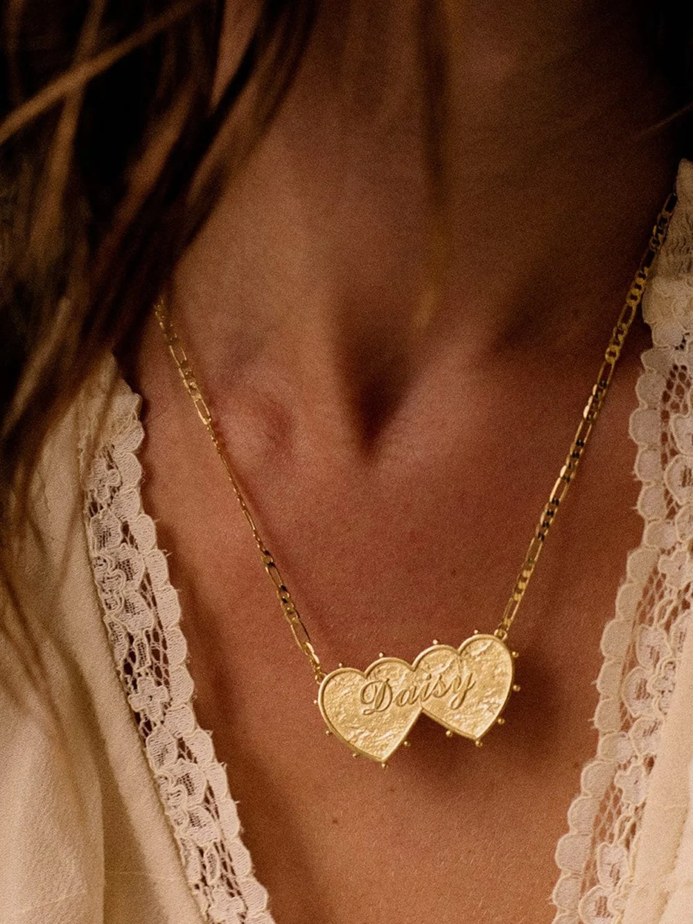Daisy London Shrimps 'Daisy' Double Heart Necklace 18ct Gold Plate, view 2