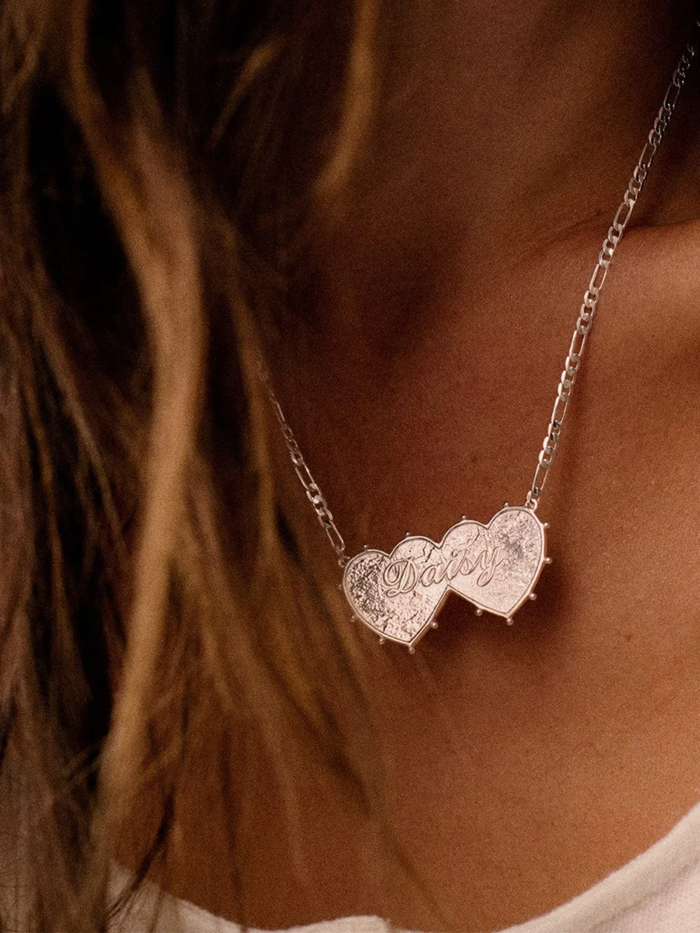 Daisy London Shrimps 'Daisy' Double Heart Necklace Silver Plate, view 2