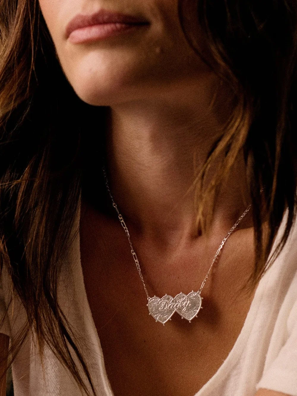 Daisy London Shrimps 'Daisy' Double Heart Necklace Silver Plate, view 3