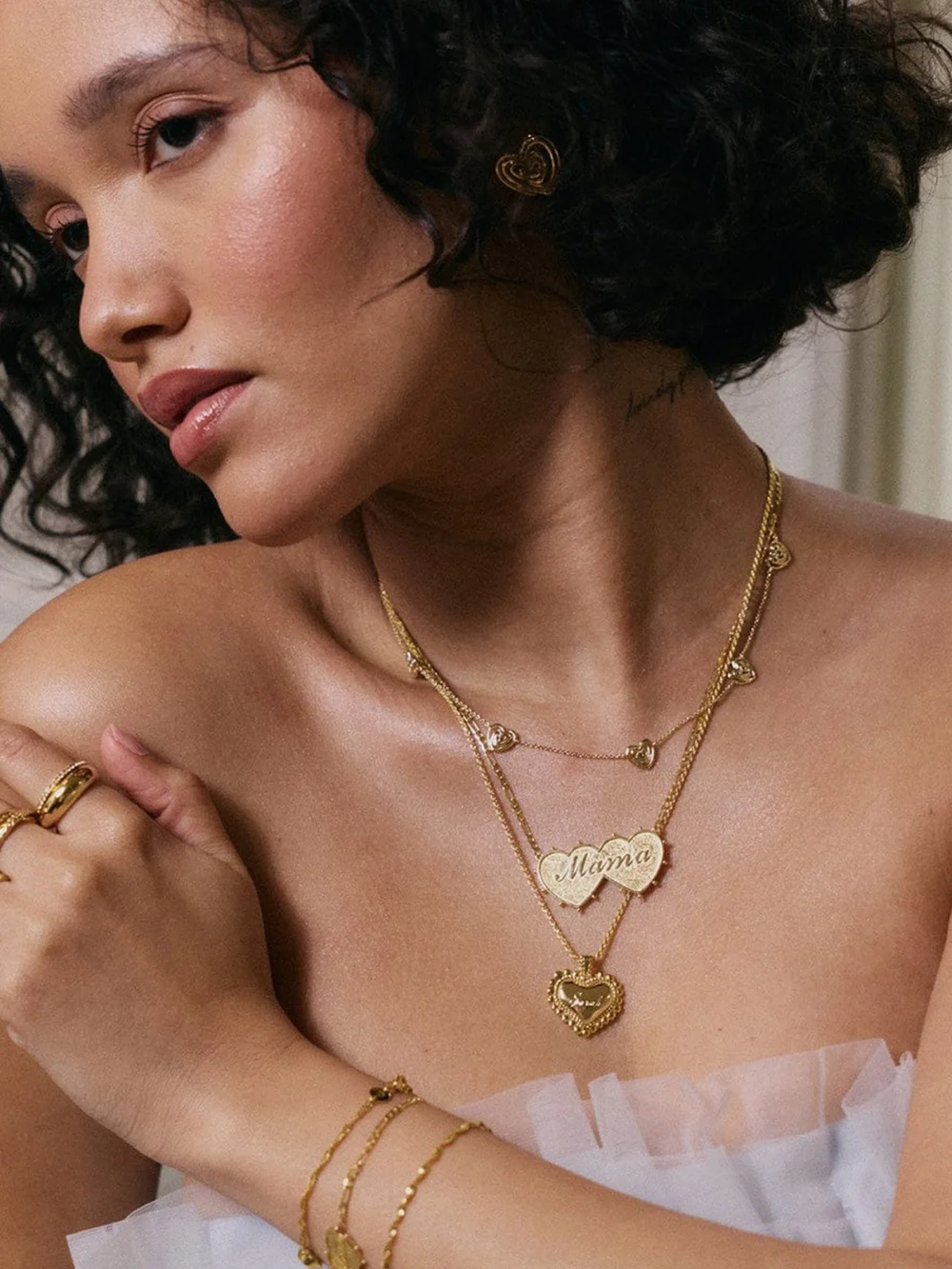 Daisy London Shrimps Double Heart Necklace 18ct Gold Plate, view 6