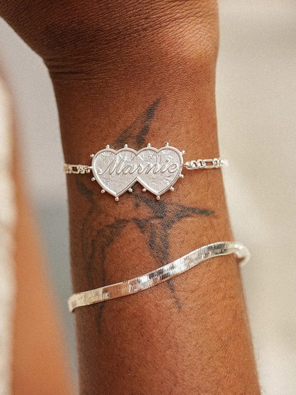 Daisy London Shrimps Double Heart Personalised Bracelet Silver Plate, view 4