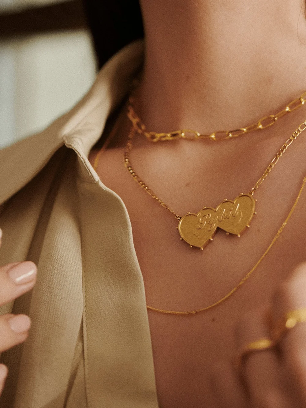 Daisy London Shrimps Double Heart Personalised Necklace 18ct Gold Plate, view 2