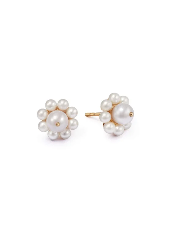 Daisy London Shrimps Pearl Flower Stud Earrings 18ct Gold Plate