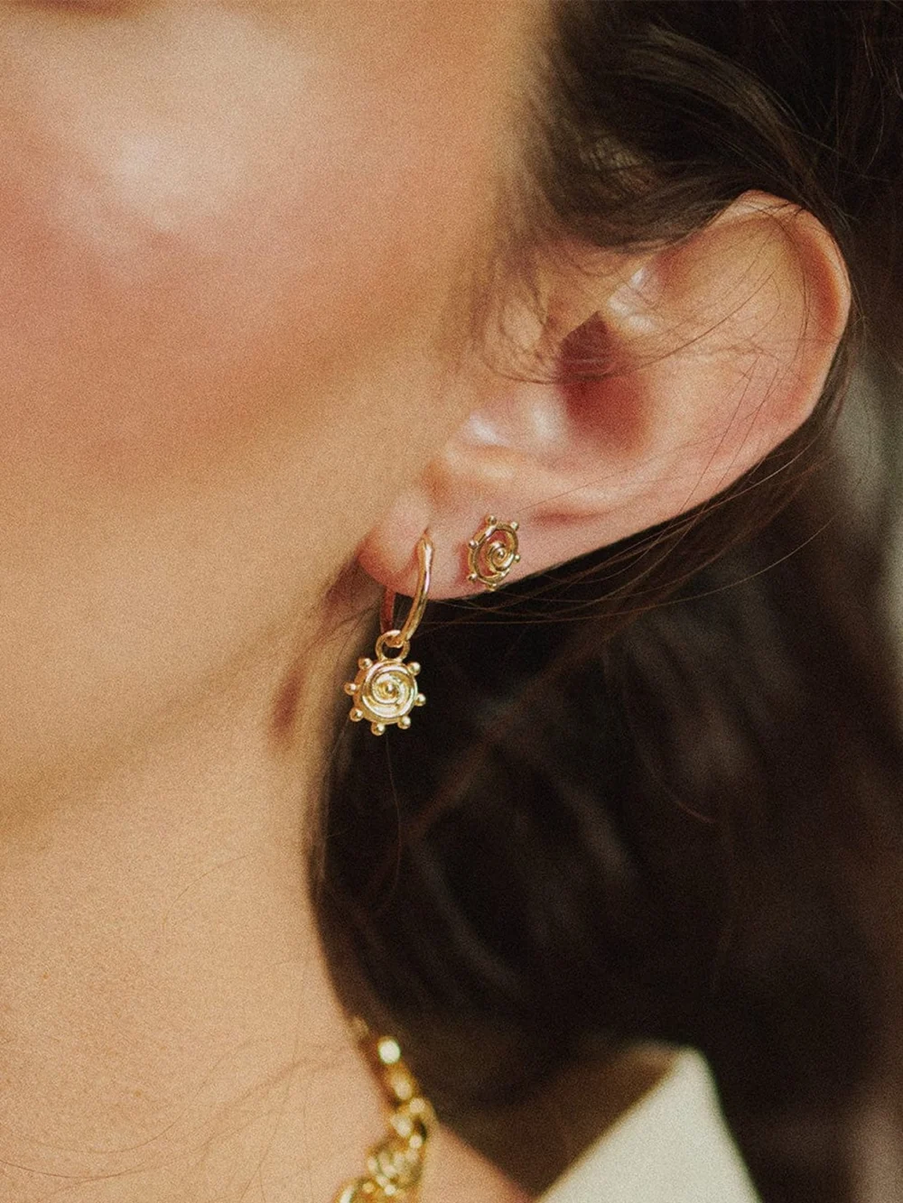 Daisy London Spiral Sun Charm Earrings 18ct Gold Plate, view 2