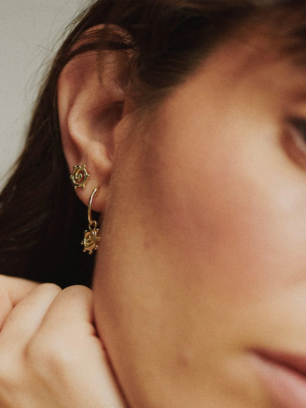 Daisy London Spiral Sun Mini Stud Earrings 18ct Gold Plate, view 3