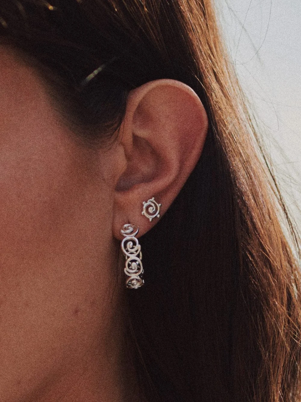 Daisy London Spiral Sun Mini Stud Earrings Sterling Silver, view 2