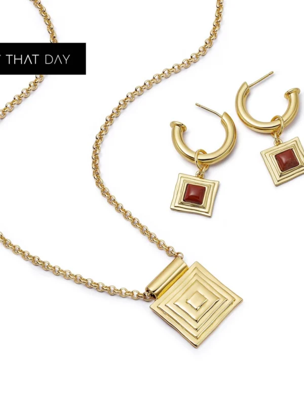 Daisy London Strata Red Jasper Earrings & Necklace Set 18ct Gold Plate