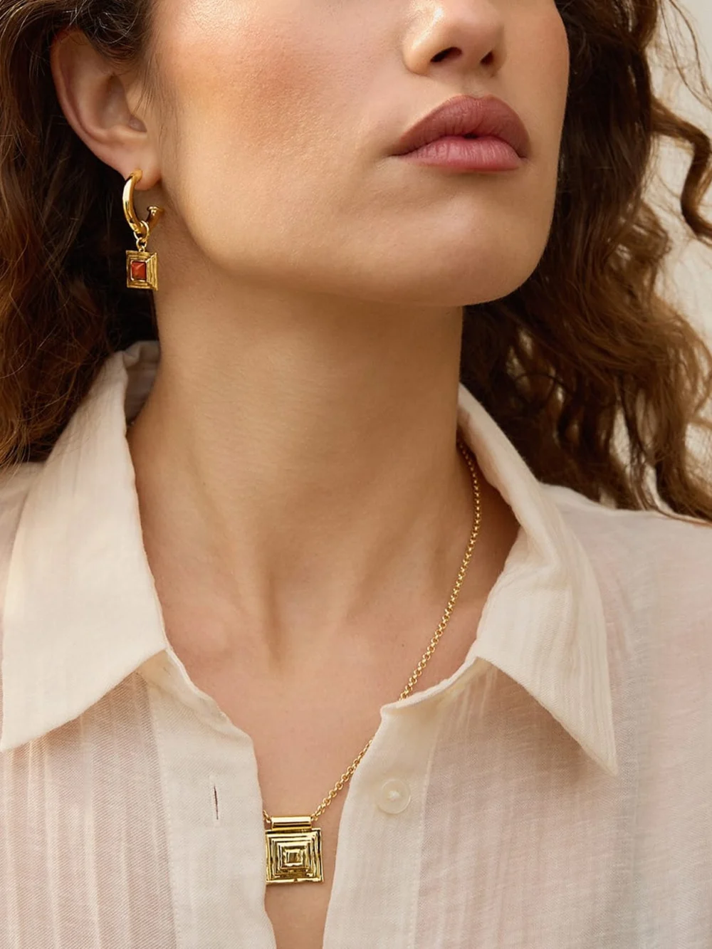 Daisy London Strata Red Jasper Earrings & Necklace Set 18ct Gold Plate, view 4