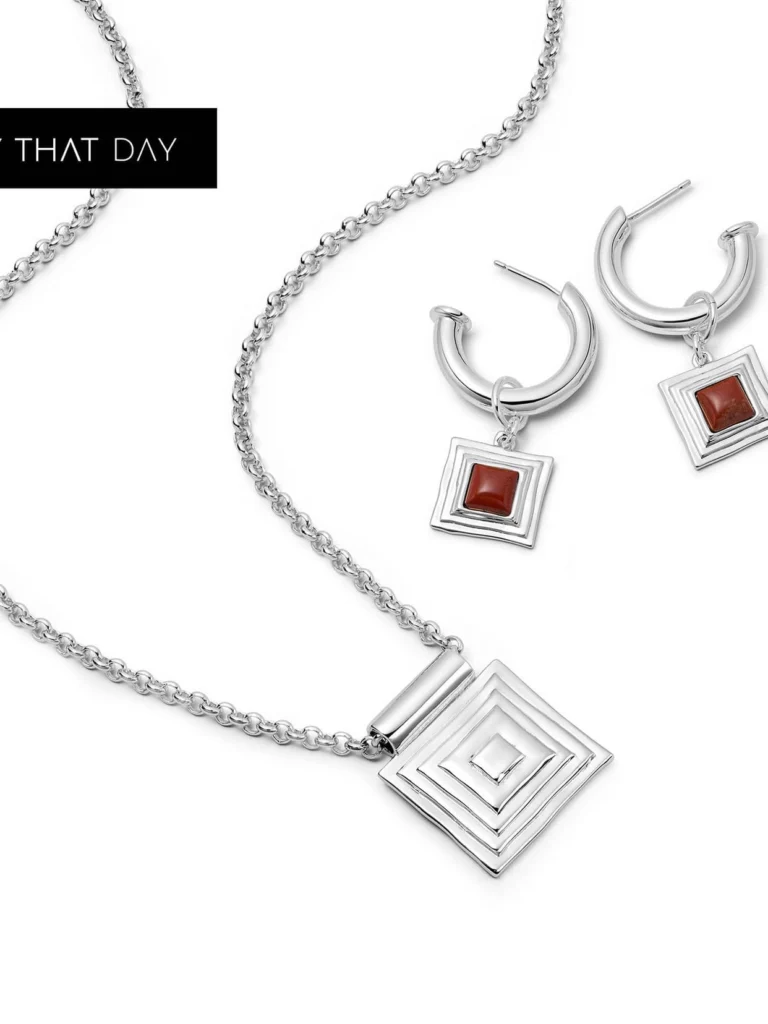 Daisy London Strata Red Jasper Earrings & Necklace Set Silver Plate