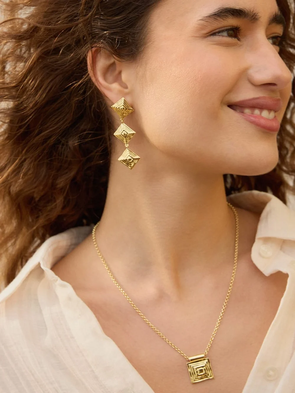 Daisy London Strata Triple Drop Earrings 18ct Gold Plate, view 4