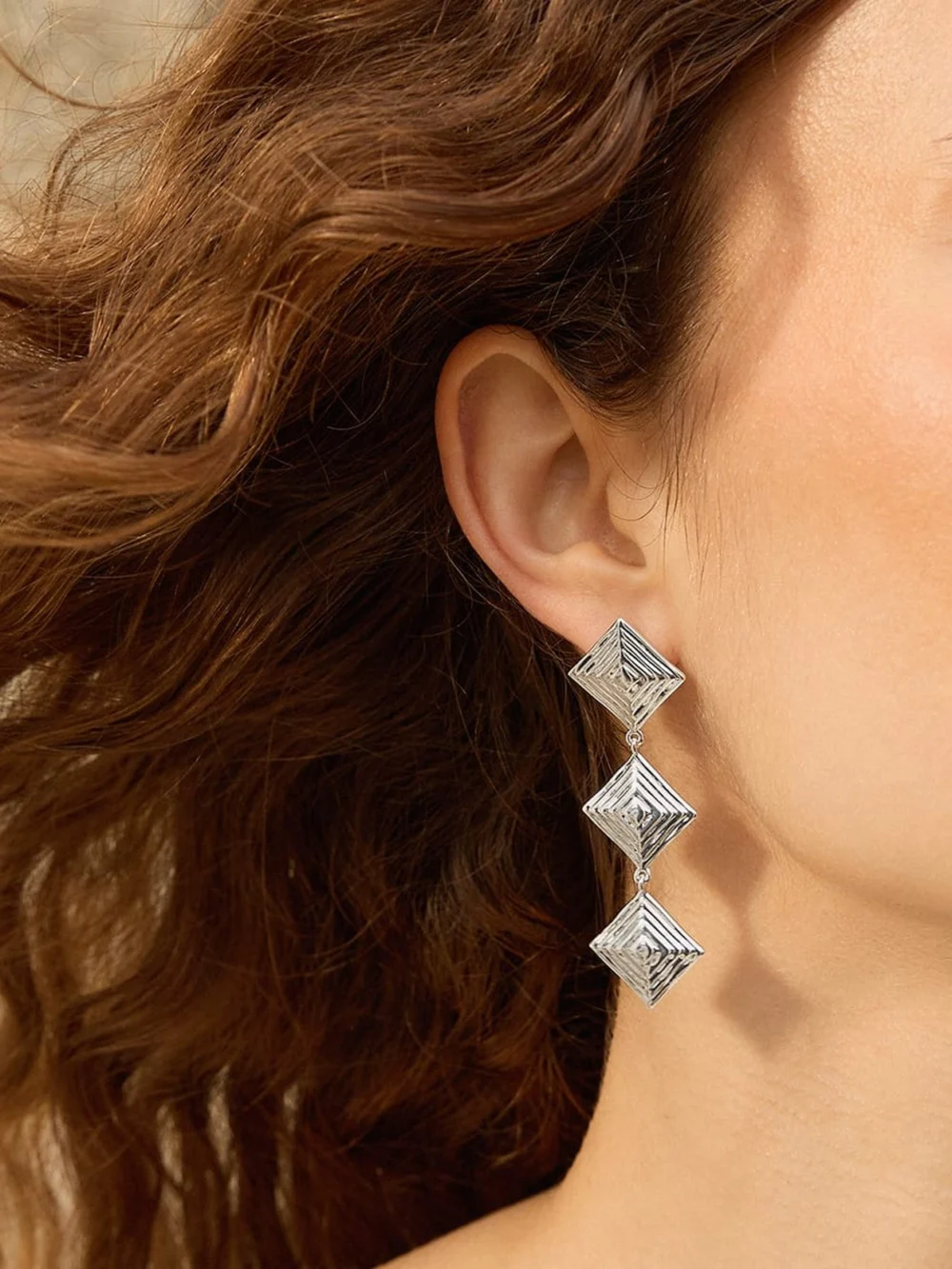 Daisy London Strata Triple Drop Earrings Silver Plate, view 2