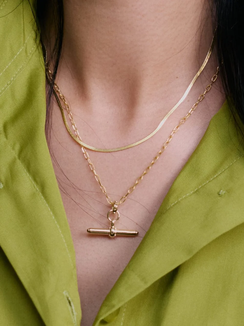 Daisy London T Bar & Fine Snake Chain Necklace Layering Set 18ct Gold Plate, view 2
