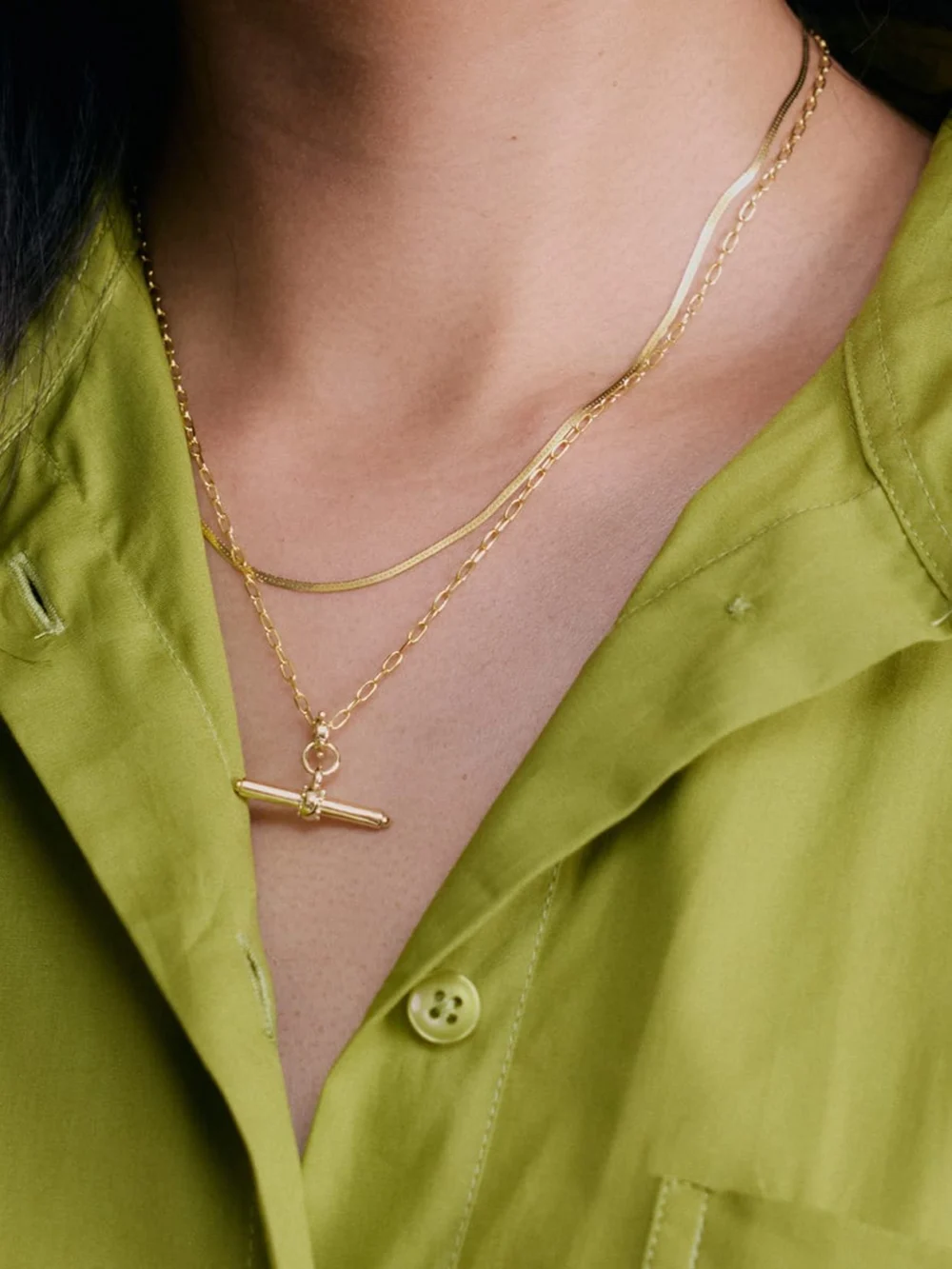 Daisy London T Bar & Fine Snake Chain Necklace Layering Set 18ct Gold Plate, view 6