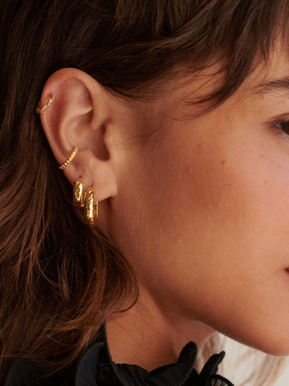 Daisy London Textured Hoop Earrings 18ct Gold Plate, view 4