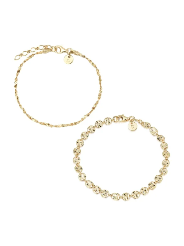 Daisy London Textured Sunburst & Lightweight Chain Bracelet Stack 18ct Gold Plate