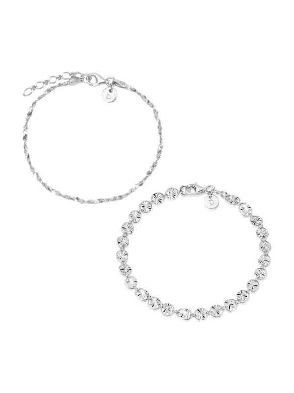 Daisy London Textured Sunburst & Lightweight Chain Bracelet Stack Sterling Silver