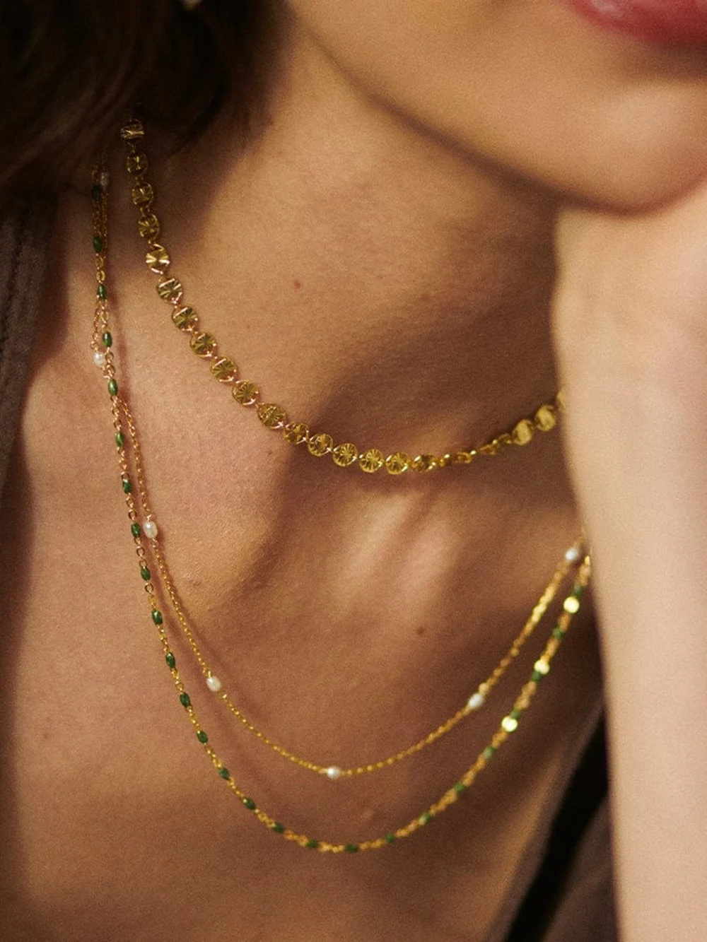 Daisy London Treasures Green Beaded Necklace 18ct Gold Plate, view 2