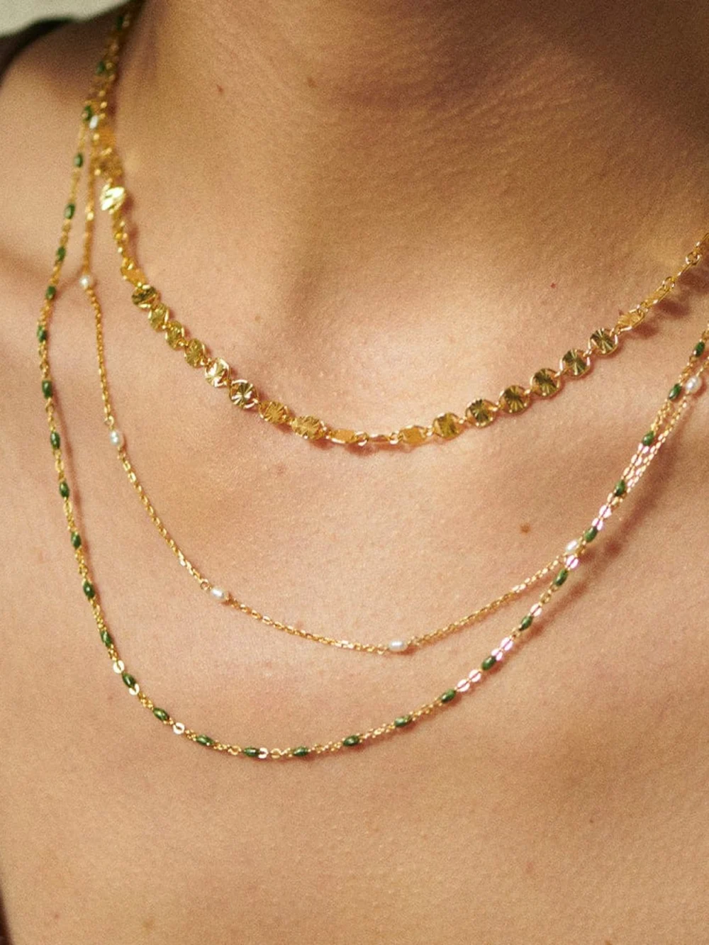 Daisy London Treasures Green Beaded Necklace 18ct Gold Plate, view 3