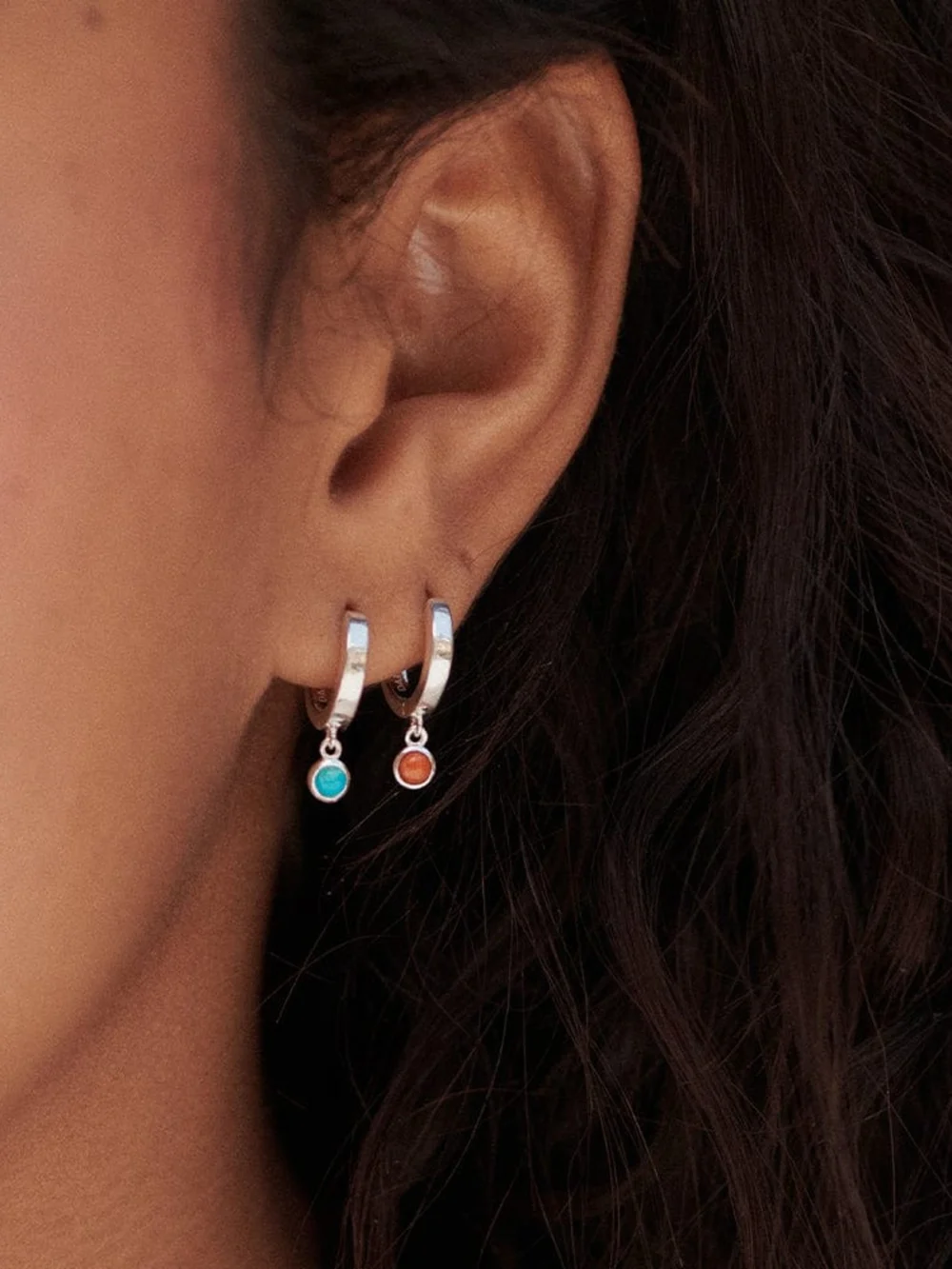 Daisy London Turquoise Healing Huggie Hoop Earrings Sterling Silver, view 3