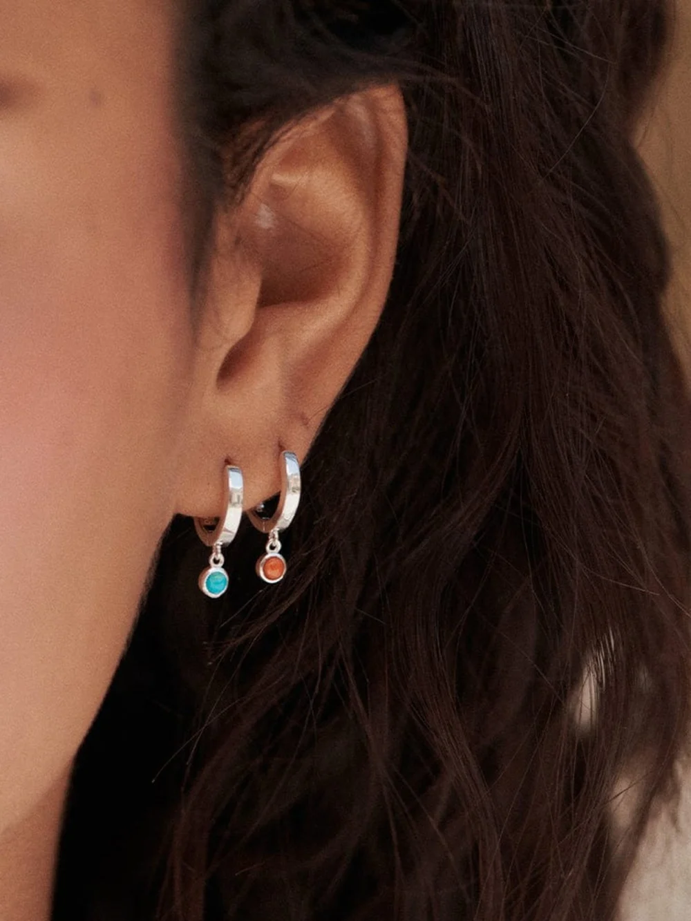 Daisy London Turquoise Healing Huggie Hoop Earrings Sterling Silver, view 4
