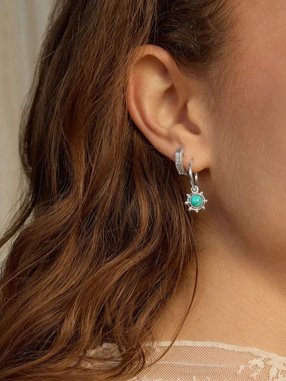 Daisy London Turquoise Healing Stone Charm Earrings Sterling Silver, view 2