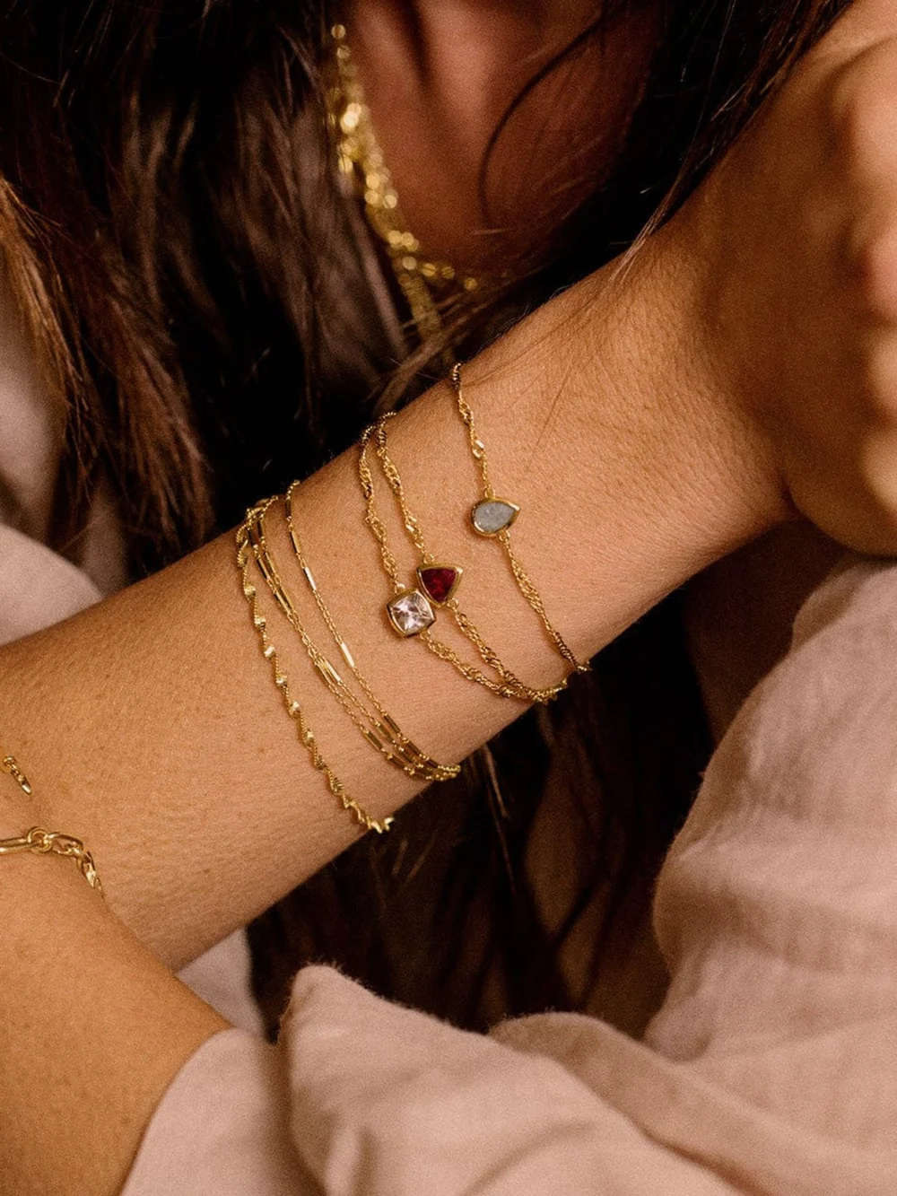 Daisy London White Topaz April Birthstone Charm Bracelet 18ct Gold Plate, view 2